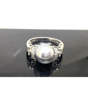 Tahitian Pearl 10mm Diamond Cocktail Ring 18k White Gold Women's Size 6.5